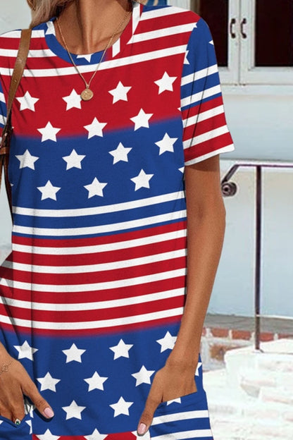 FAM-FAM Pocketd US Flag Printed Short Sleeve Dress