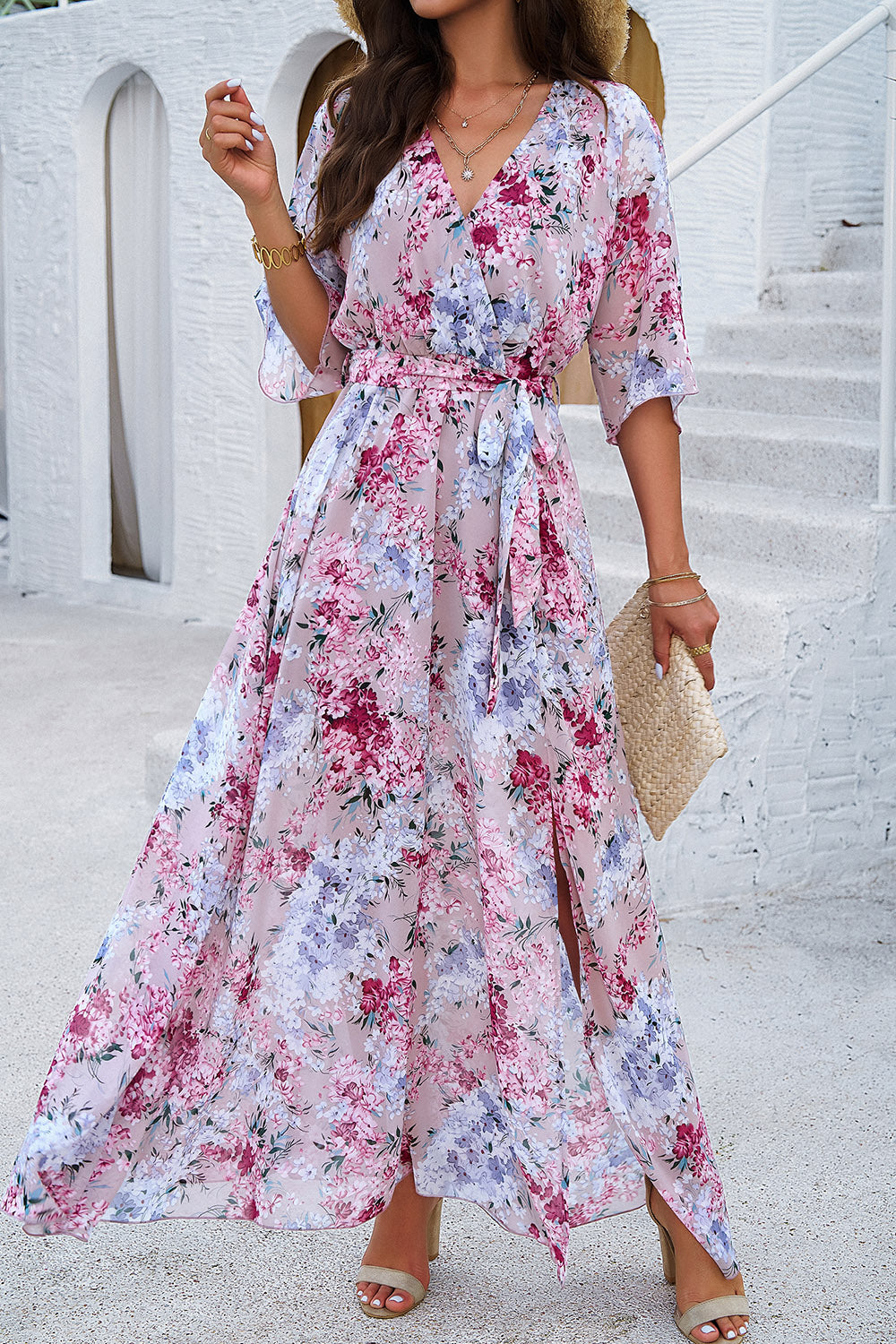 Devine Printed Tied Half Sleeve Slit Dress