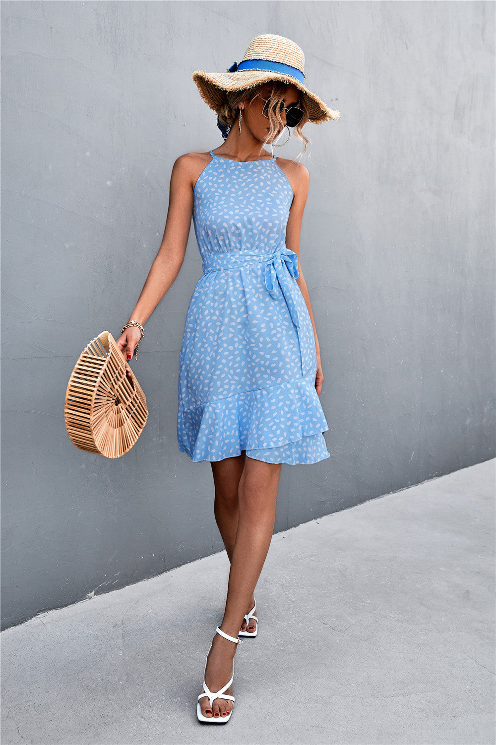 Printed Tie Waist Ruffle Hem Sleeveless Dress