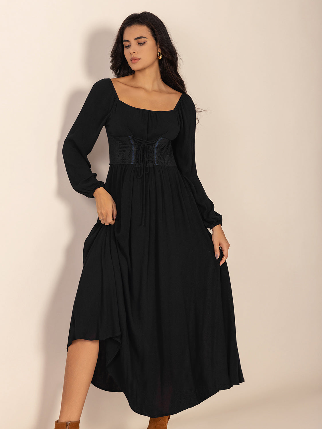 Lace-Up Square Neck Long Sleeve Midi Dress