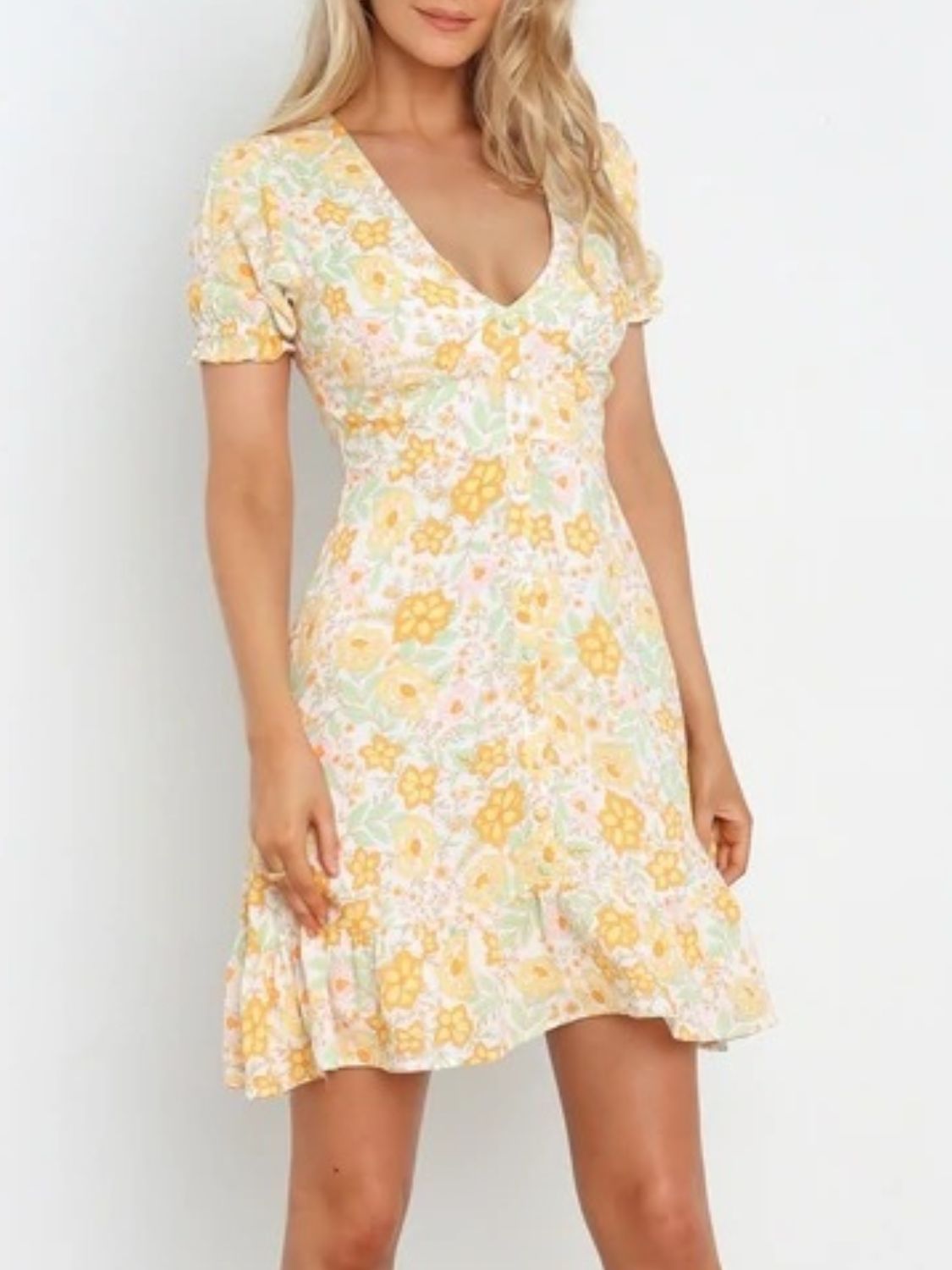 Ruffled Hem Printed Short Sleeve Mini Dress