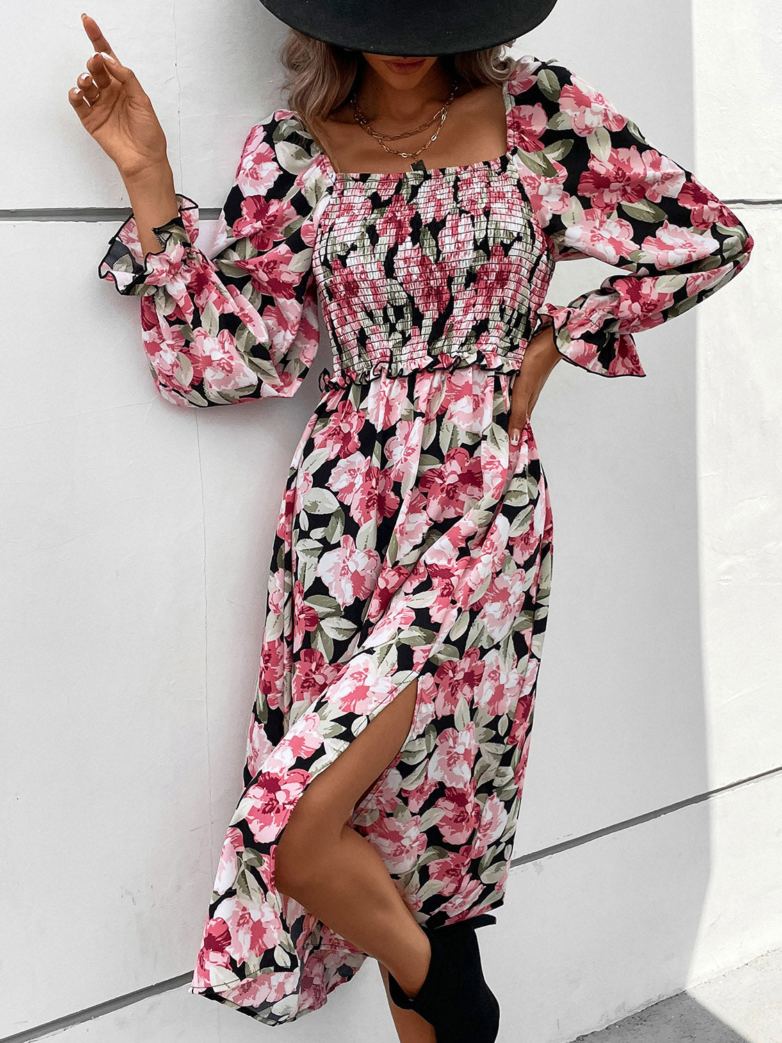 Perfee Slit Smocked Floral Flounce Sleeve Dress