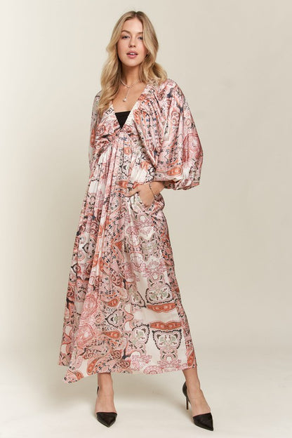 ADORA Printed V-Neck Batwing Sleeve Dress