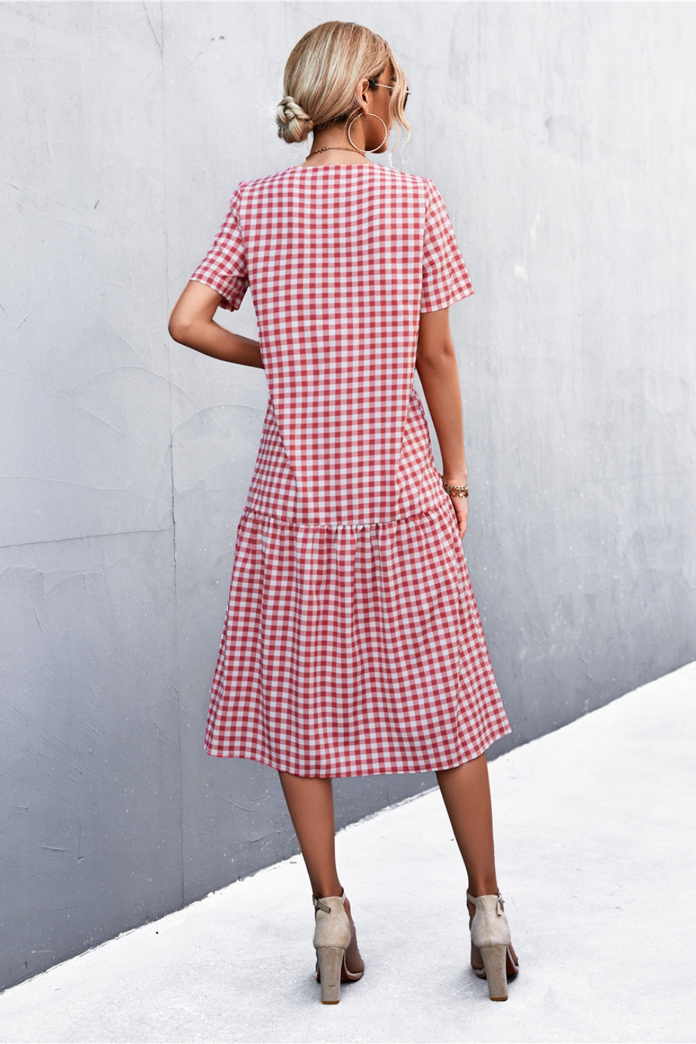 Plaid V-Neck Short Sleeve Dress