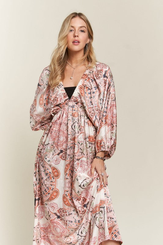 ADORA Printed V-Neck Batwing Sleeve Dress