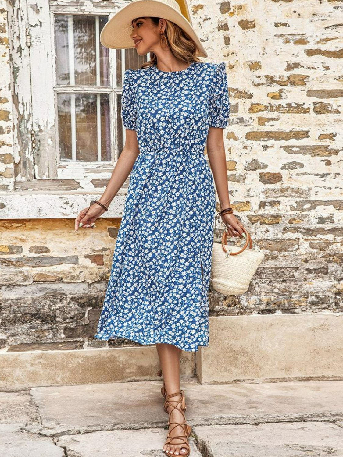 Perfee Floral Round Neck Split Midi Dress