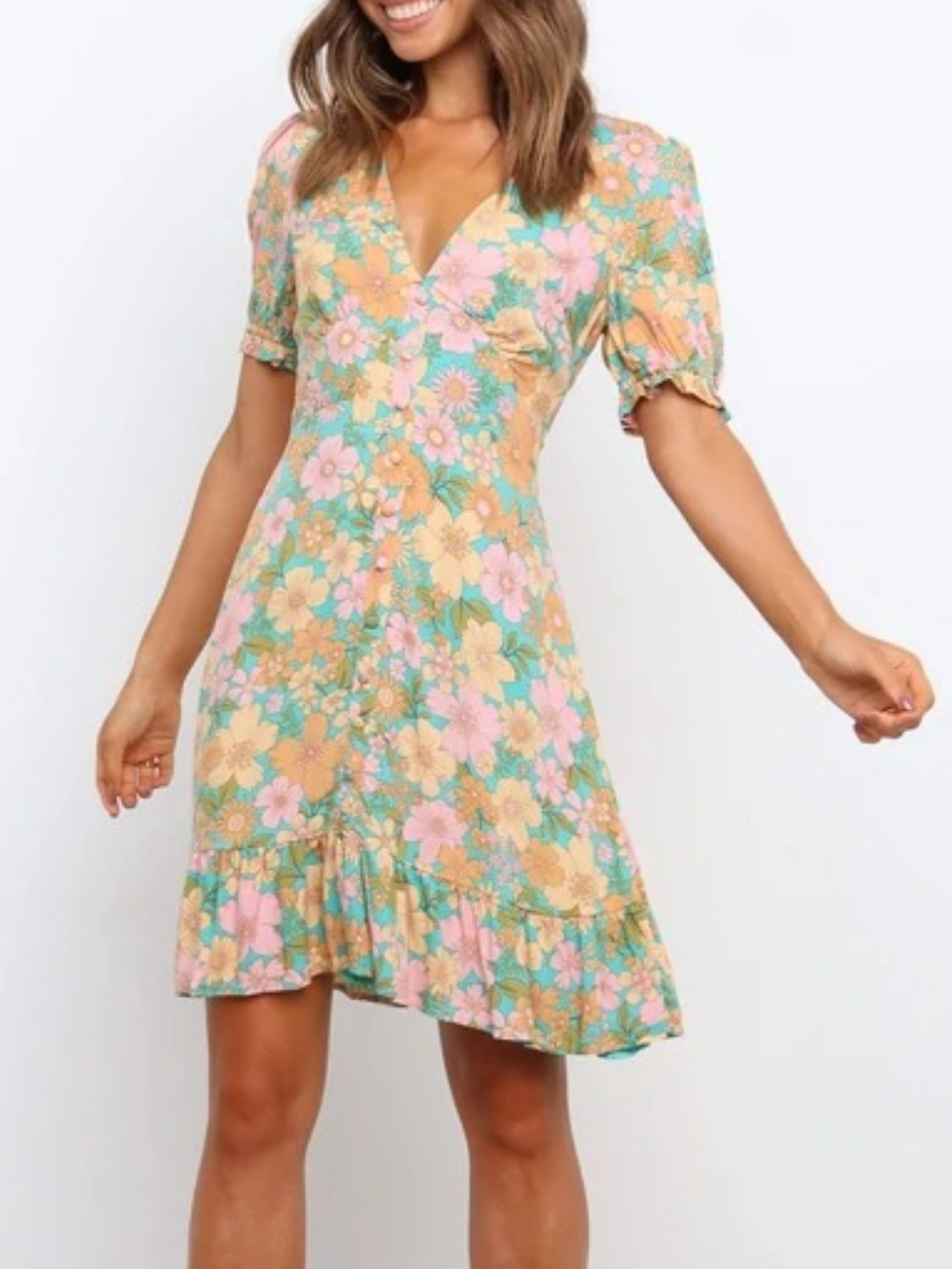 Ruffled Hem Printed Short Sleeve Mini Dress