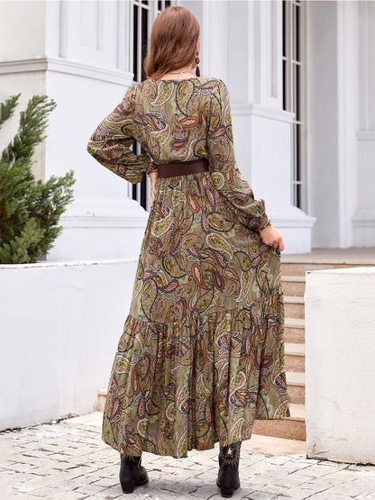 Printed Tie Neck Ruffle Hem Long Sleeve Dress