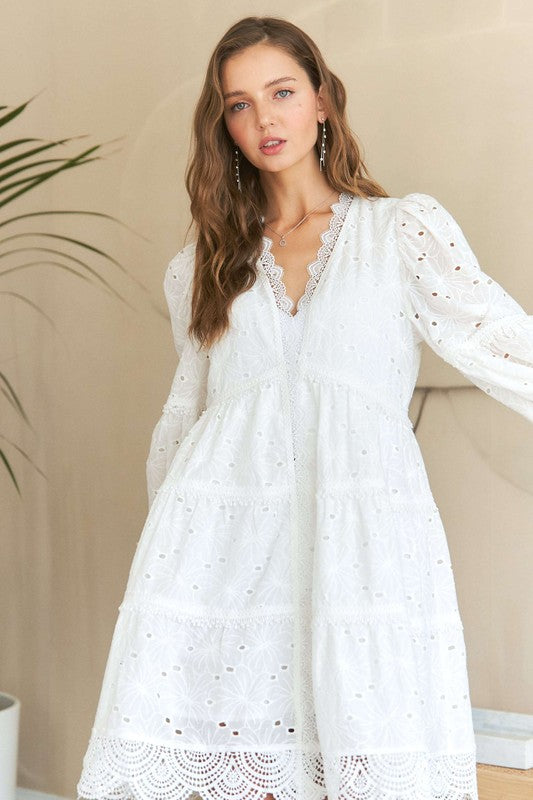 ADORA Lace Detail Tiered Eyelet V-Neck Babydoll Dress