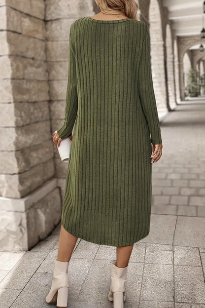 Ribbed Curved Hem Round Neck Long Sleeve Dress