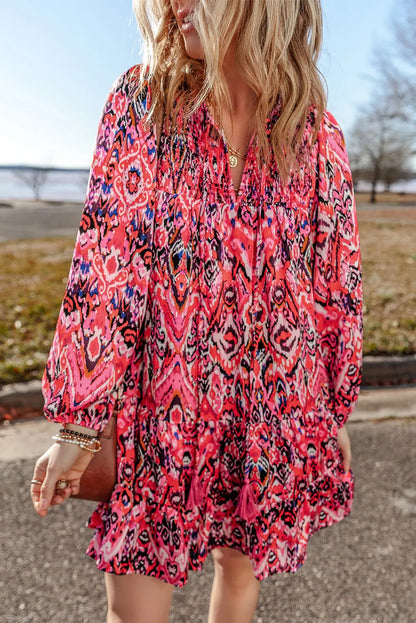 Tassel Printed Tie Neck Long Sleeve Dress