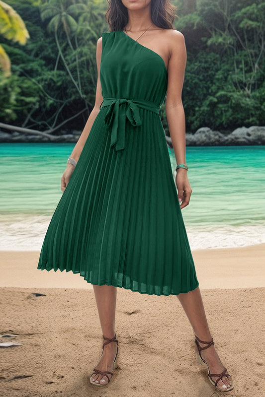 Perfee Pleated Single Shoulder Tie Waist Midi Dress