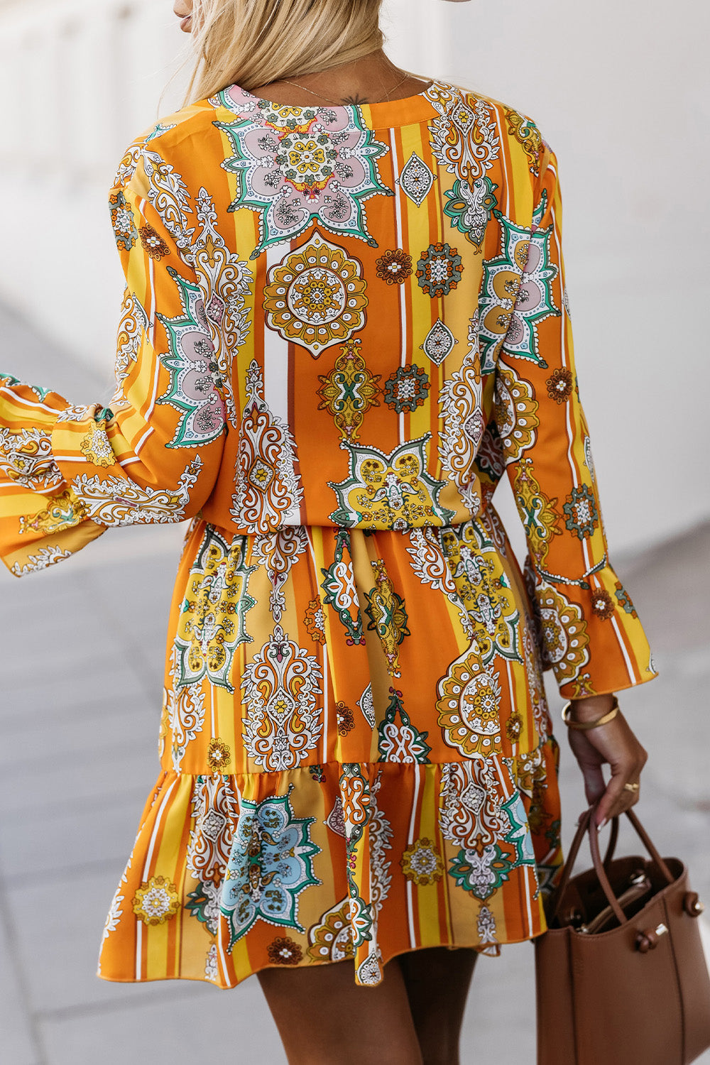 Printed Notched Neck Flounce Sleeve Dress