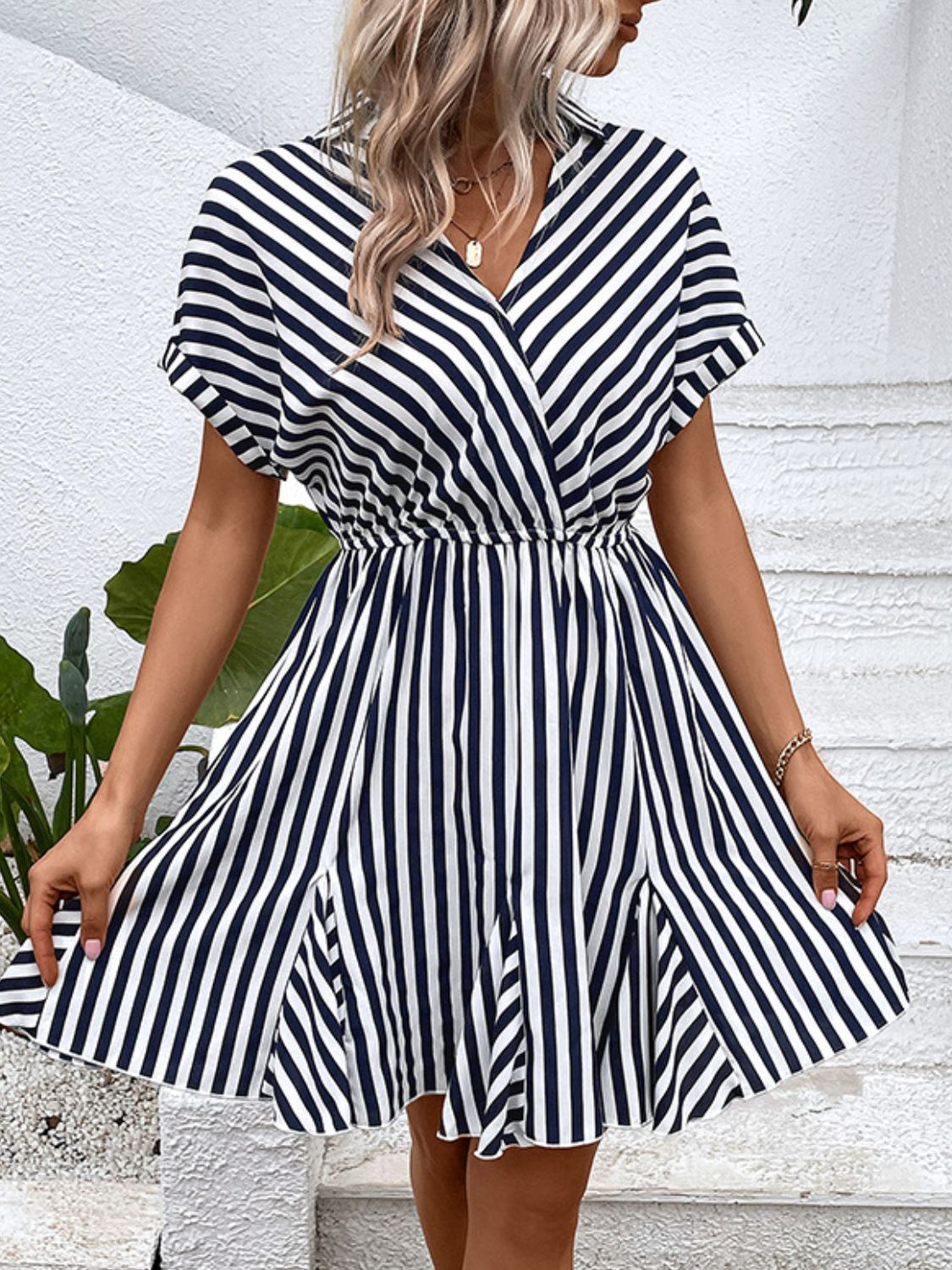 Perfee Striped Johnny Collar Mini Dress