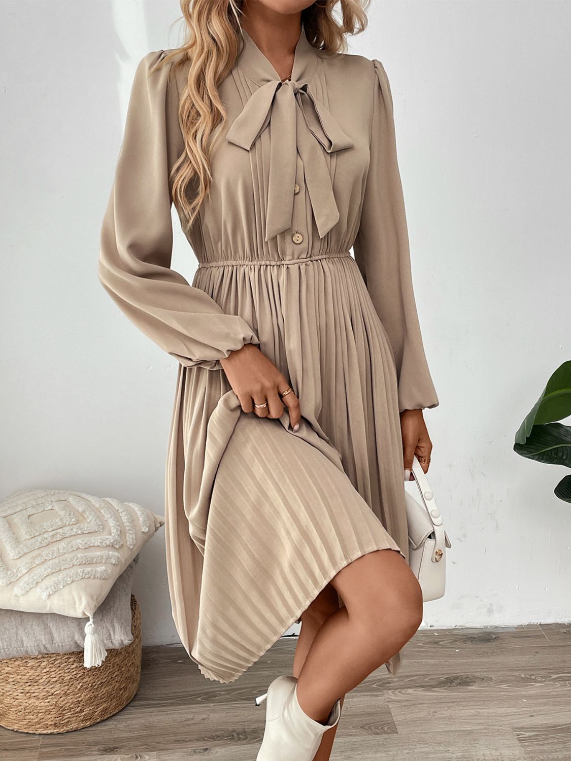 Perfee Pleated Tie Neck Long Sleeve Dress