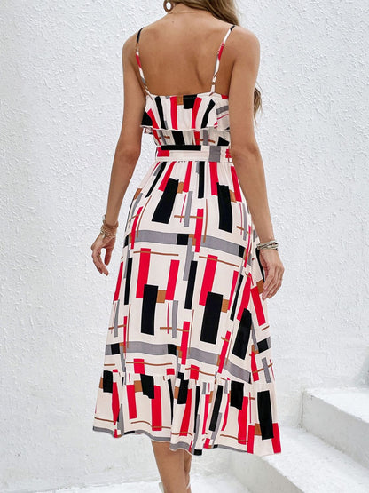 Perfee Ruffled Printed Tie Waist Midi Dress