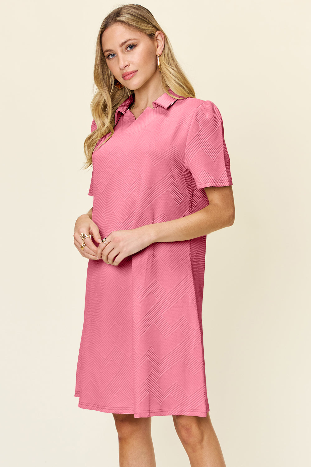 Double Take Full Size Texture Collared Neck Short Sleeve Dress