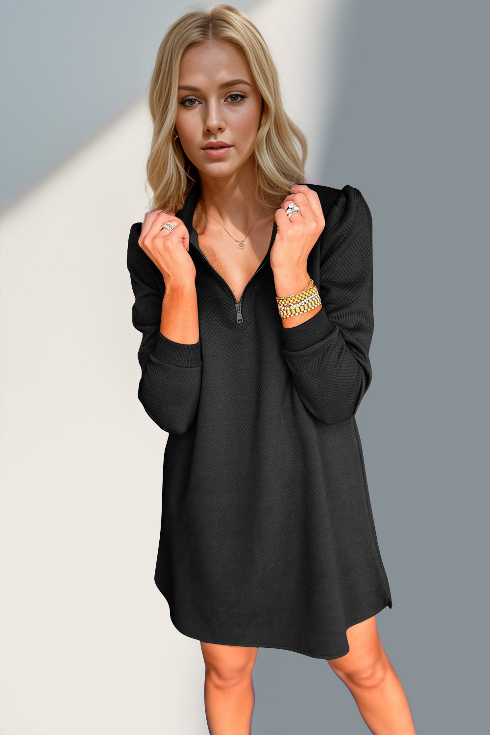 Double Take Textured Quarter Zip Long Sleeve Dress