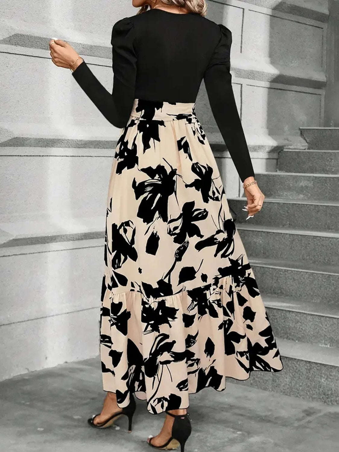 Tied Printed Round Neck Long Sleeve Midi Dress