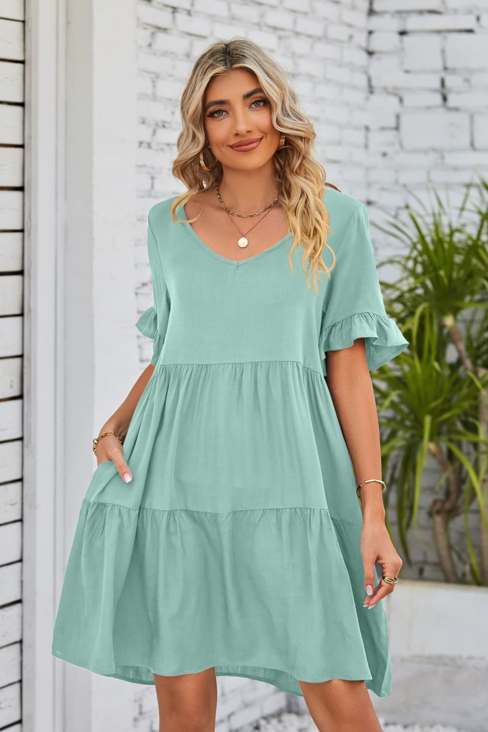 Mandy V-Neck Flounce Sleeve Tiered Dress