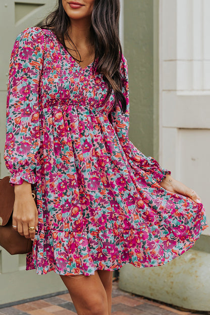 Floral Smocked V-Neck Flounce Sleeve Dress