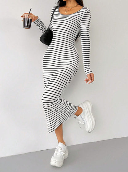 Striped Scoop Neck Long Sleeve Midi Tee Dress