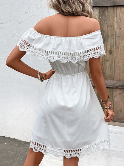 Shiny Ruched Lace Detail Off-Shoulder Dress