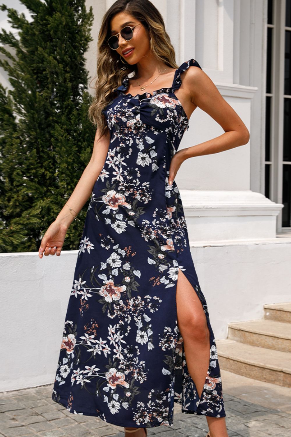 Shiny Floral Print Sleeveless Square Neck Slit Midi Dress