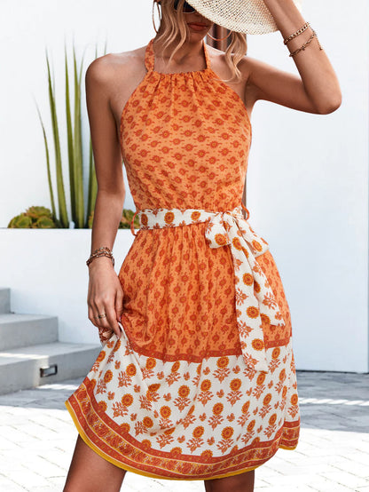 Floral Halter Neck Tie Waist Dress