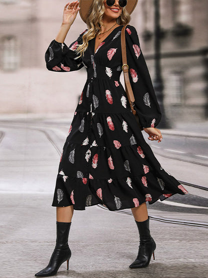 Perfee Printed V-Neck Slit Dress