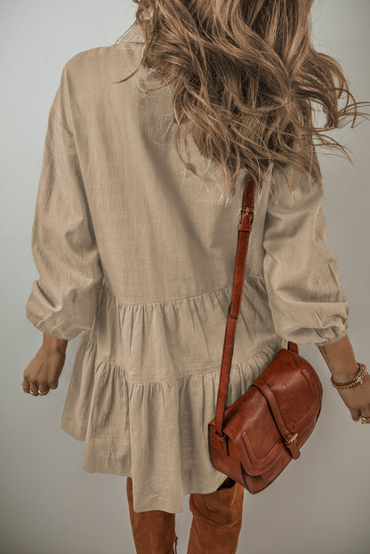 Tiered Collared Neck Balloon Sleeve Shirt Dress