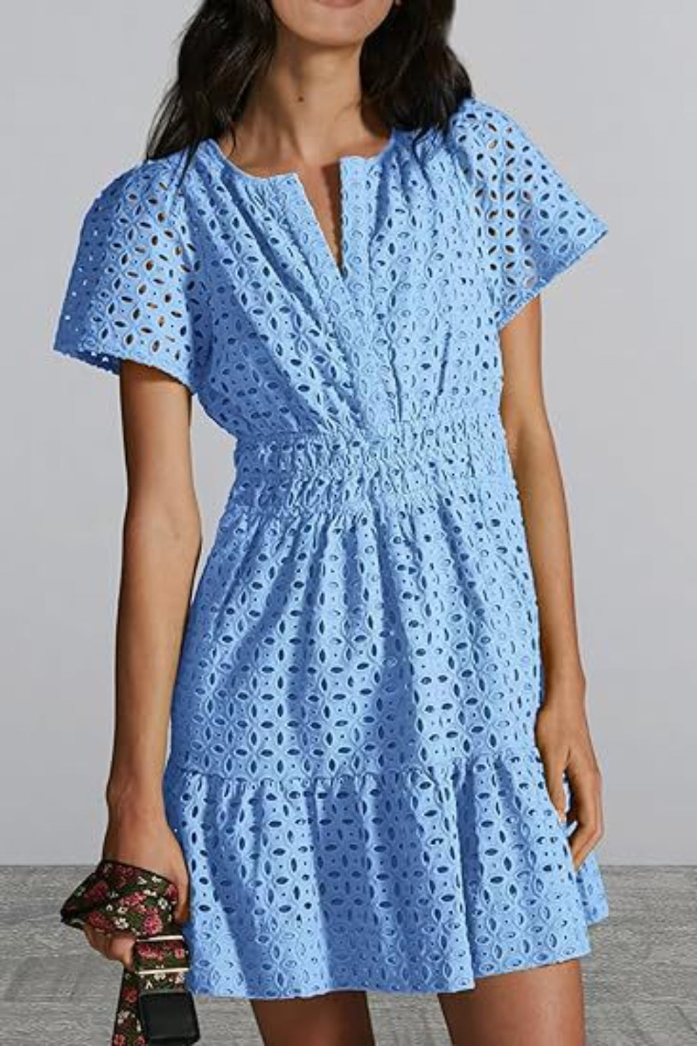 Eyelet Notched Short Sleeve Mini Dress