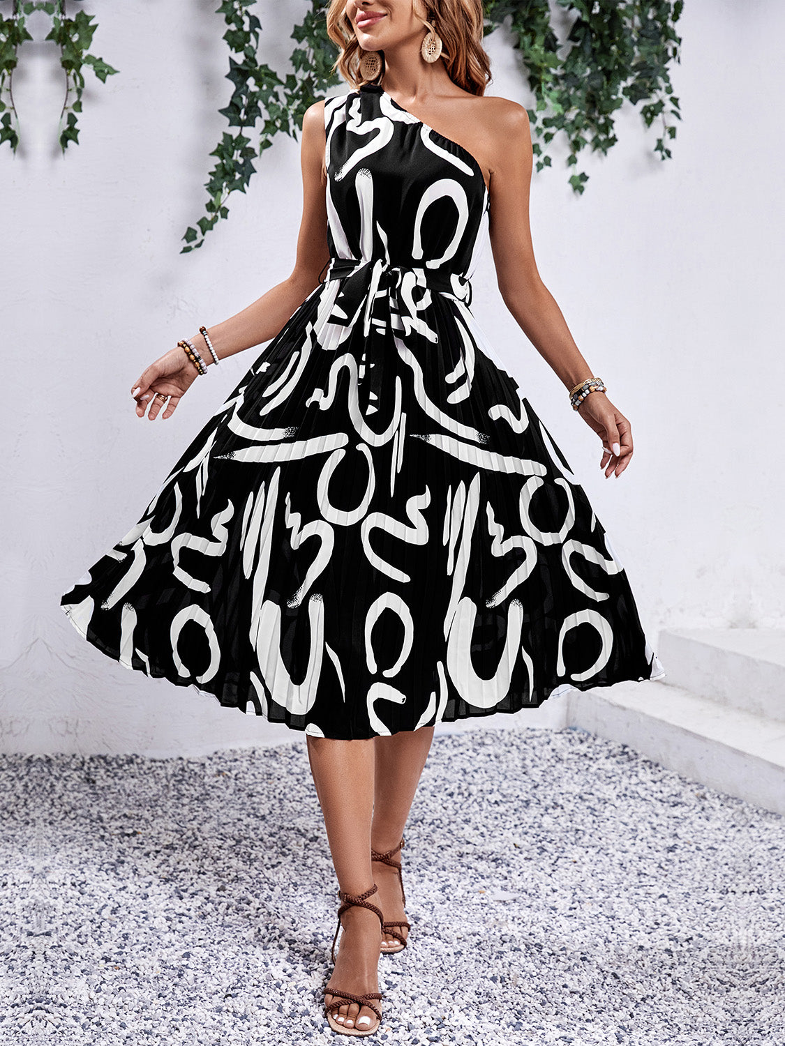 Perfee Printed Single Shoulder Tie Waist Dress