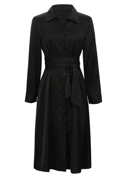 Collared Neck Long Sleeve Midi Shirt Dress