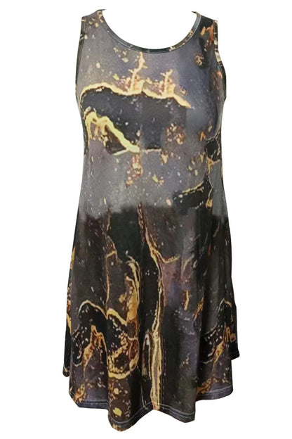 Shiny Abstract Print Round Neck Sleeveless Dress with Pockets