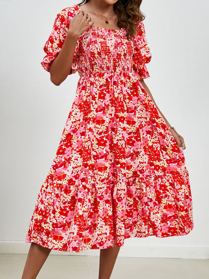 Smocked Floral Square Neck Short Sleeve Dress