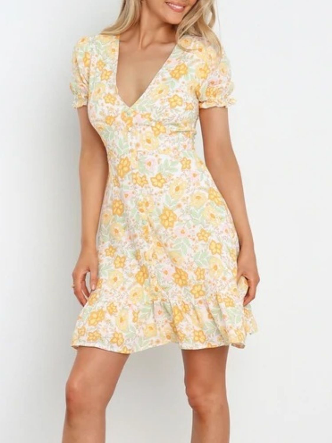 Ruffled Hem Printed Short Sleeve Mini Dress