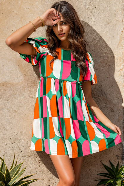 Color Block Round Neck Short Sleeve Dress