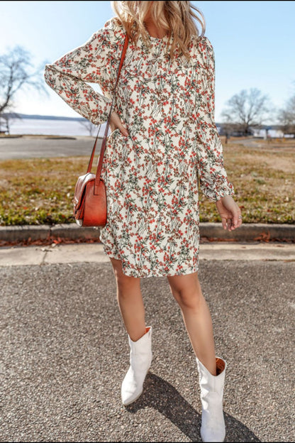 Floral Round Neck Long Sleeve Dress