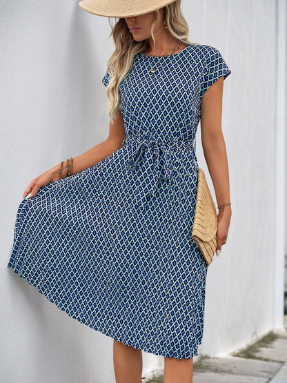 Perfee Printed Round Neck Short Sleeve Midi Dress