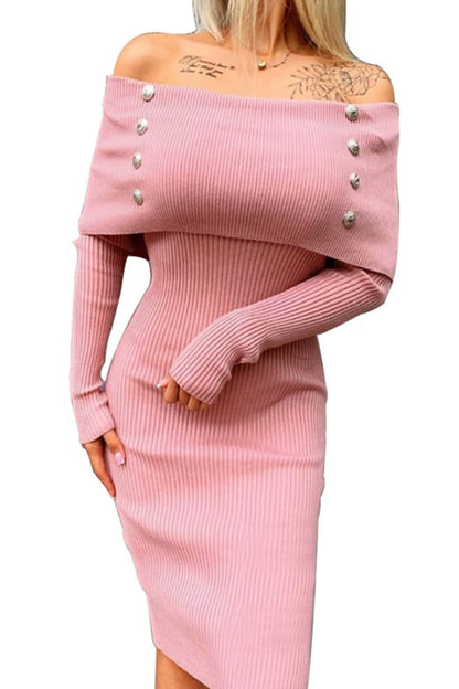 Decorative Button Off-Shoulder Long Sleeve Dress