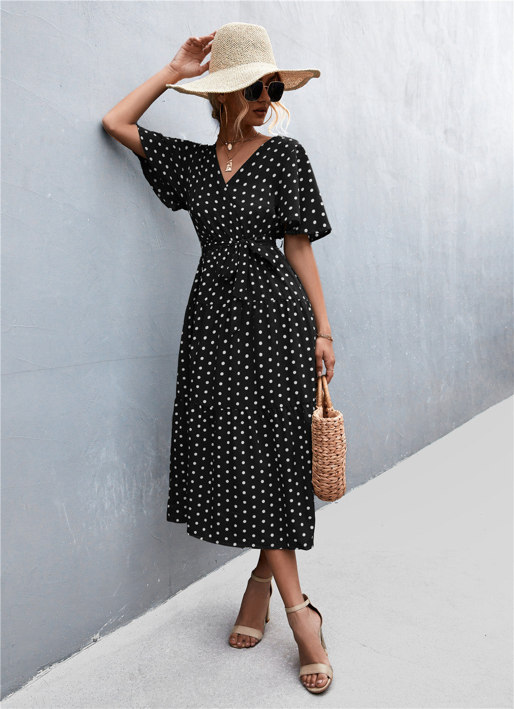 Printed V-Neck Flutter Sleeve Belted Dress