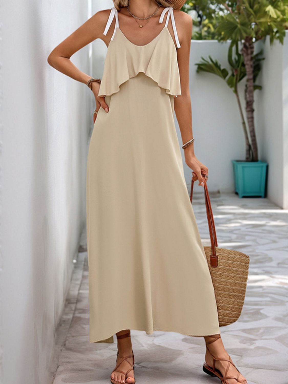 Perfee Tied Ruffled Scoop Neck Sleeveless Dress