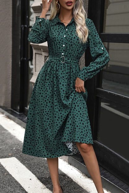 Perfee Printed Belted Long Sleeve Midi Dress