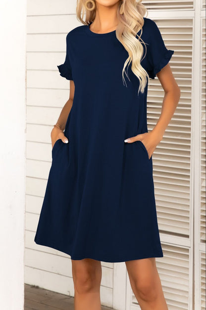 Flounce Sleeve Round Neck Dress with Pockets