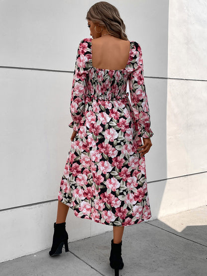 Perfee Slit Smocked Floral Flounce Sleeve Dress