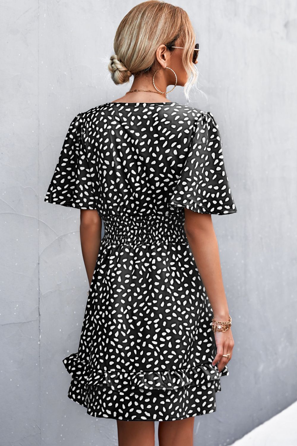 Printed Smocked Waist Layered Surplice Dress