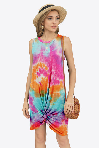 Tie-Dye Twisted Round Neck Sleeveless Dress