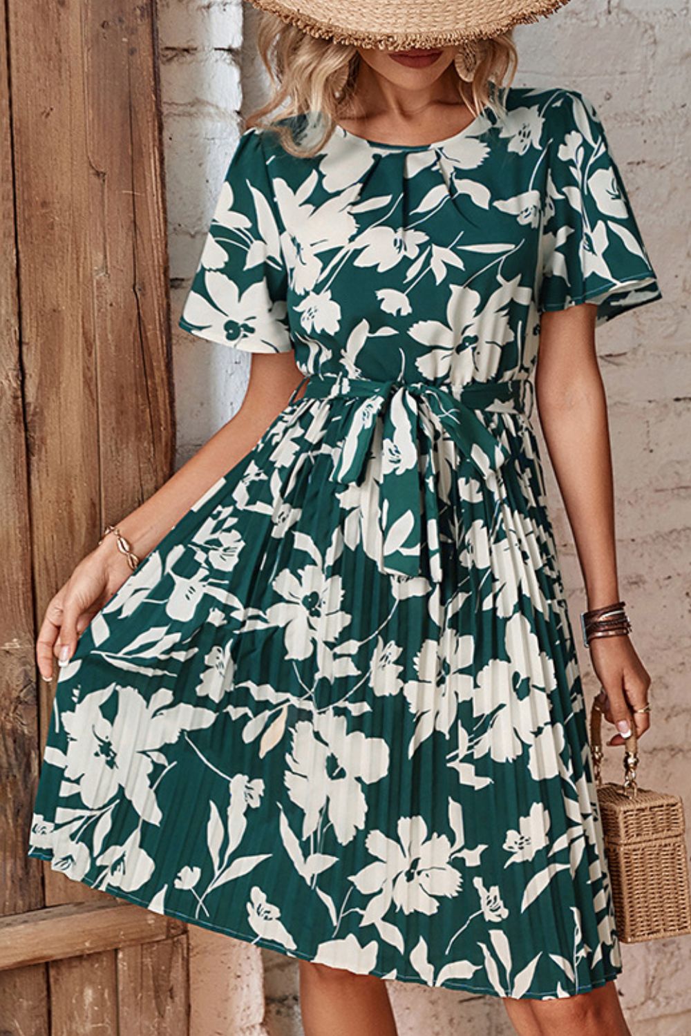 Perfee Floral Round Neck Tie Belt Pleated Dress