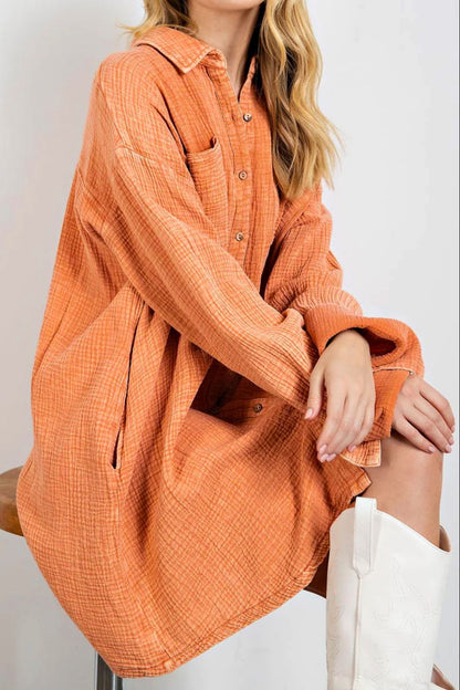 Pocketed Button Up Long Sleeve Shirt Dress